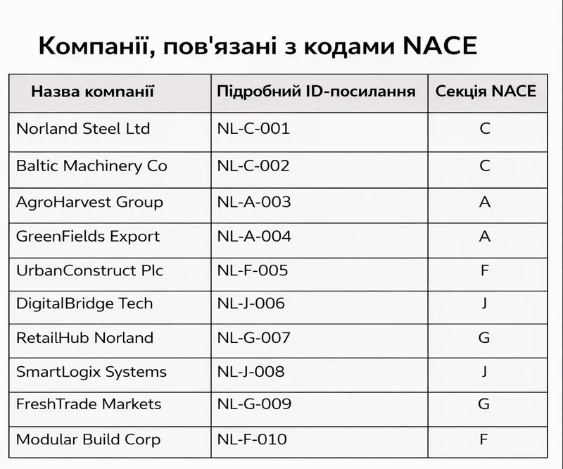 Компанії, пов'язані з кодами NACE