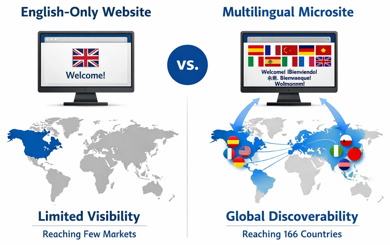 English-only vs multilingual microsite showing limited vs global visibility