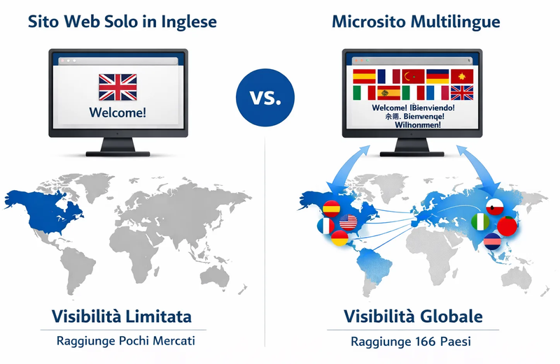 Confronto sito solo inglese e microsito multilingue: visibilità limitata vs globale