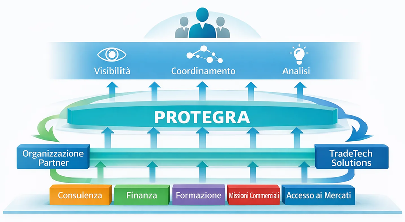Diagramma Protegra che integra servizi in visibilità, coordinamento e analisi