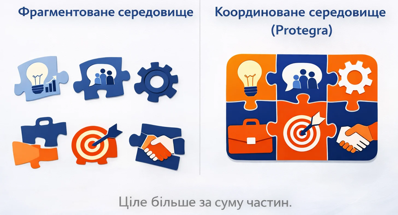 Діаграма фрагментованого та координованого середовища, що показує роз'єднану та інтегровану систему (Protegra)
