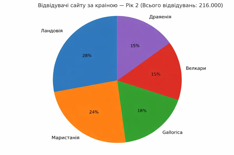 Відвідувачі сайту за країнами — Рік 2 (Всього відвідувань: 216 000)