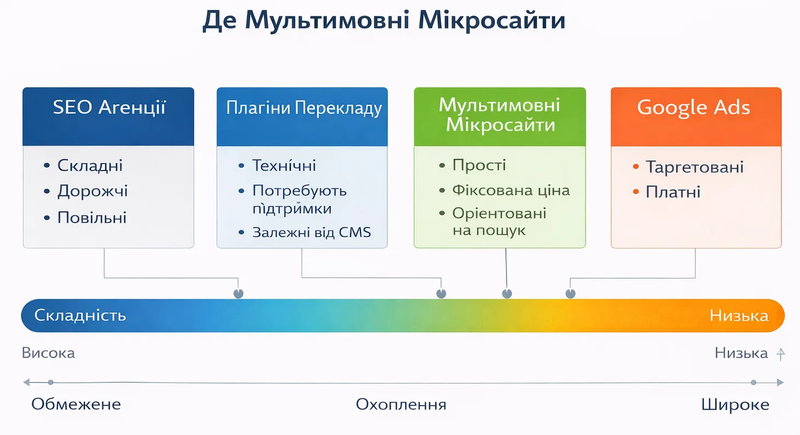 Схема, що показує місце мультимовних мікросайтів між SEO, плагінами та рекламою
